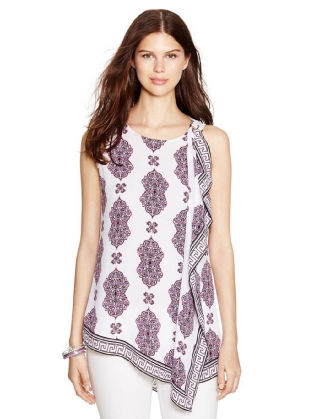 WHBM White Purple Printed Asymmetric Drape Hem Tunic Petite Small PS SP $78 EUC